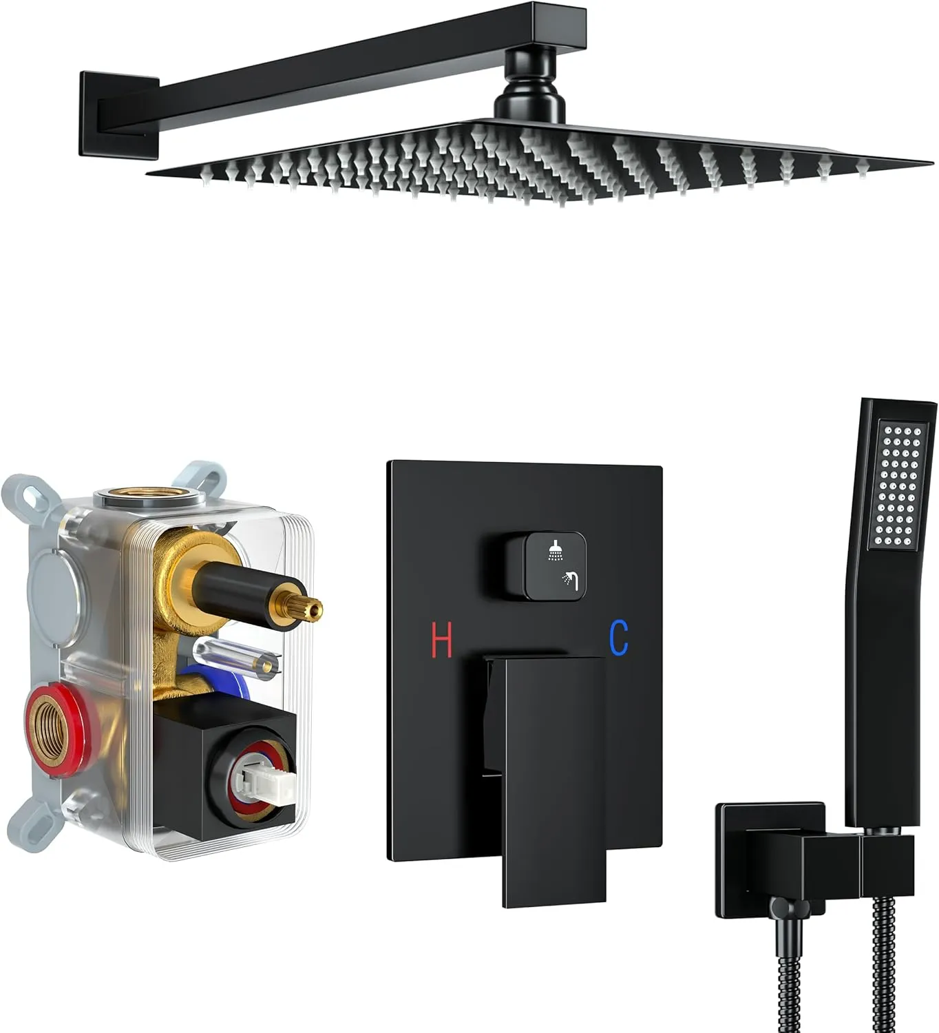 10 Inch Shower Faucet Set, Rainfall Shower System with Square Fixed Rain Shower Head and High Pressure Handheld Shower Head, Wall Mounted Rainfall Shower Fixtures, Matte Black