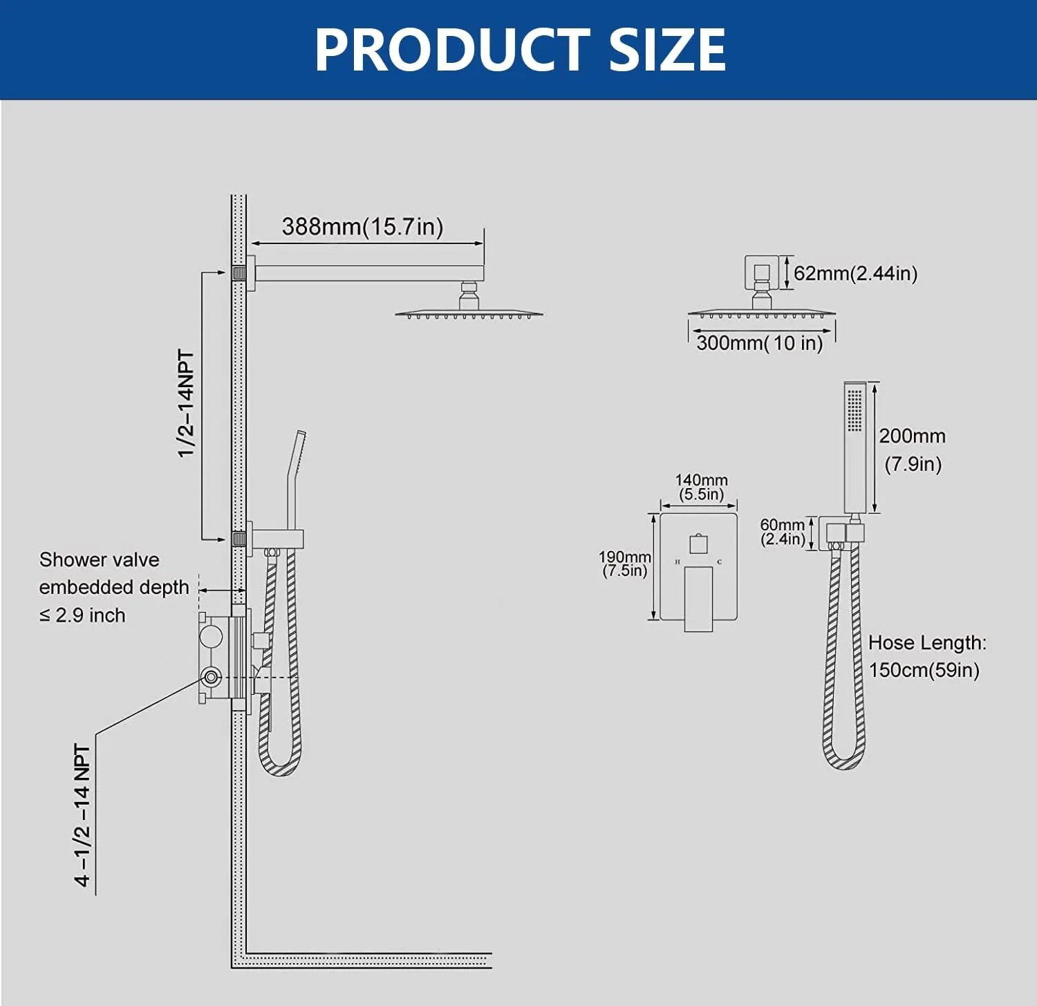 10 Inch Shower Faucet Set, Rainfall Shower System with Square Fixed Rain Shower Head and High Pressure Handheld Shower Head, Wall Mounted Rainfall Shower Fixtures, Matte Black