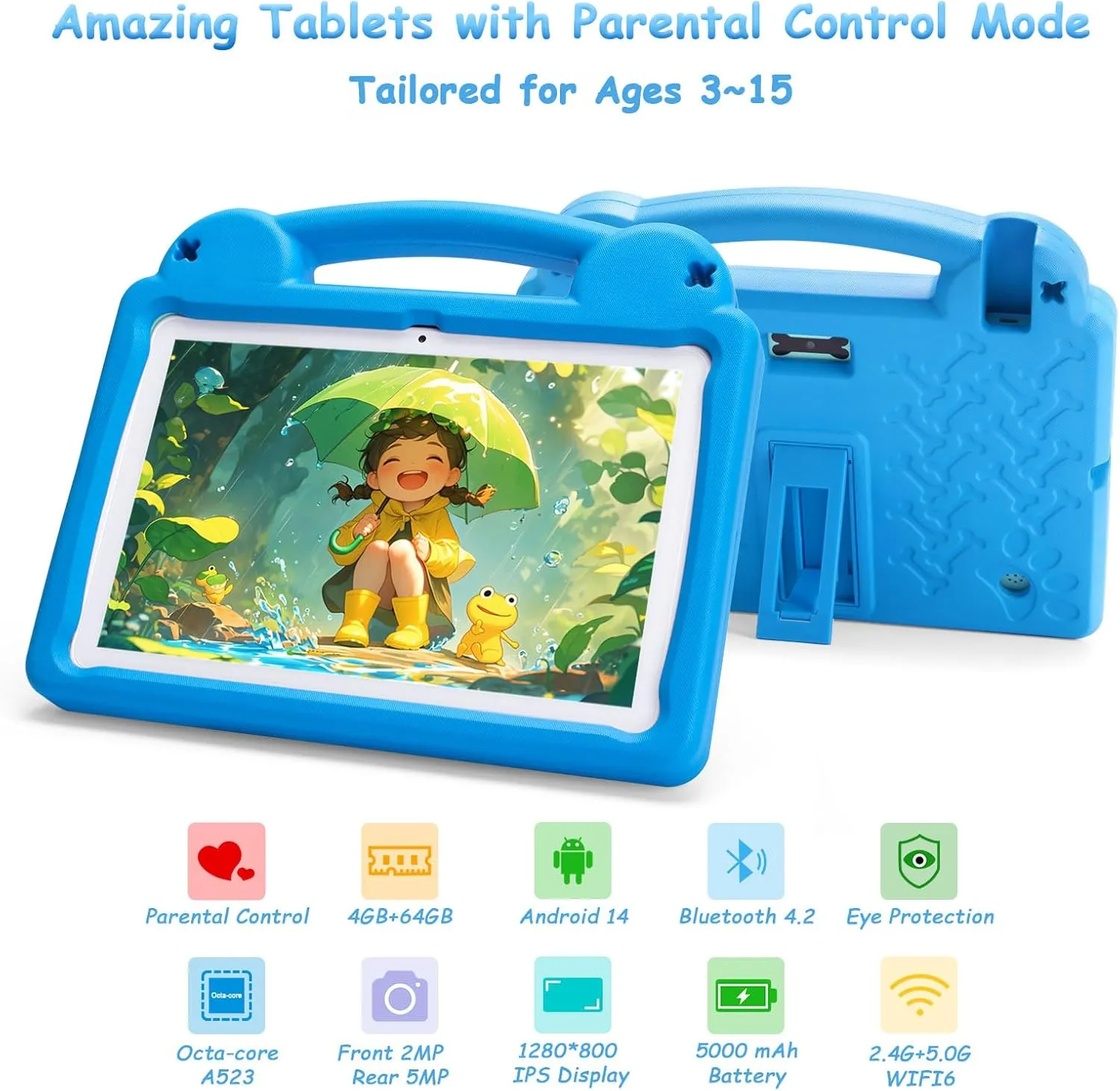 10 Inch Tablet for Kids with Parental Control, 8(4 4) GB RAM 64GB ROM, Octa Core, WiFi 6, 5000mAh Battery, GMS - Kids Tablet with Blue EVA Case