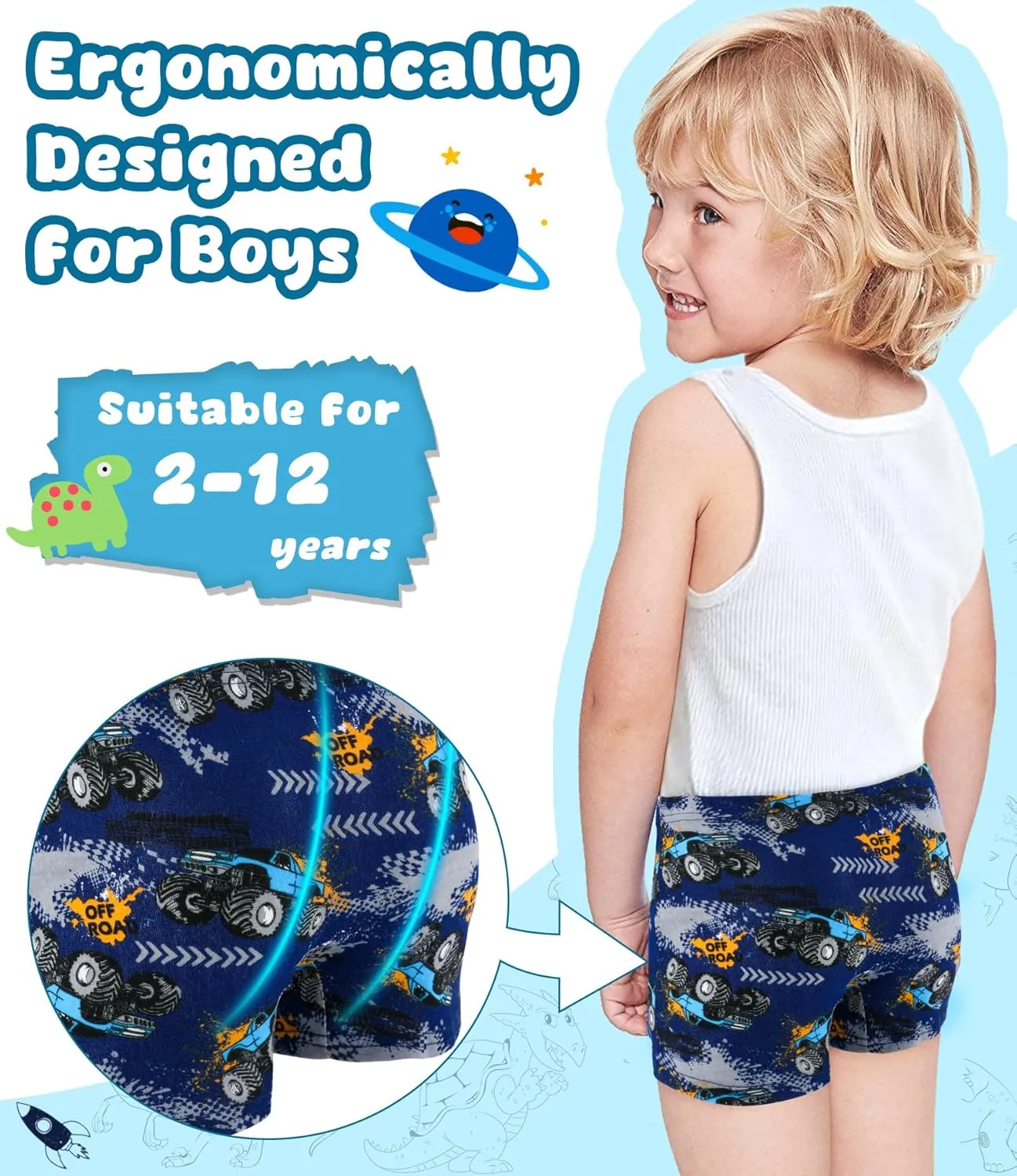 100% Cotton Boys Boxer Briefs Tagless Toddler Underwear (6-Pack)