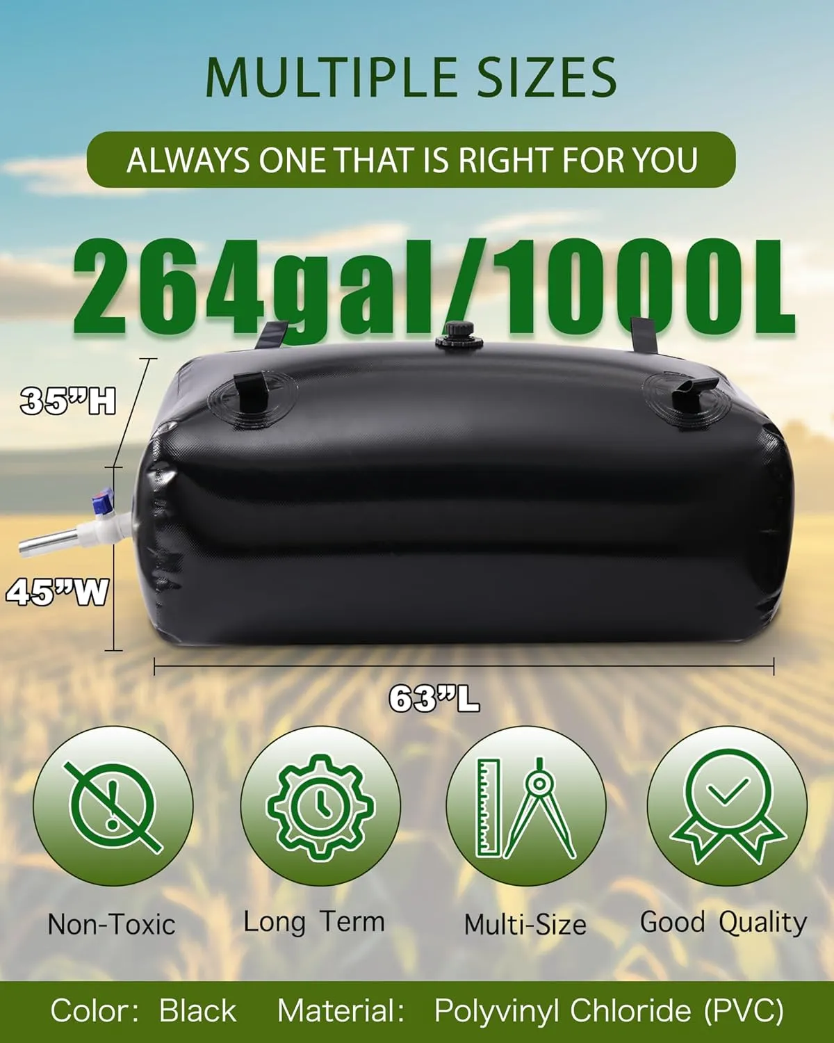 1000L/264gal Long Term Water Storage Containers,Emergency Water Storage Bag, Soft Portable Vinyl Bathtub Water Bladder with Valve&Stainless-Steel Outlet-Reliable & Resistant for All Climates