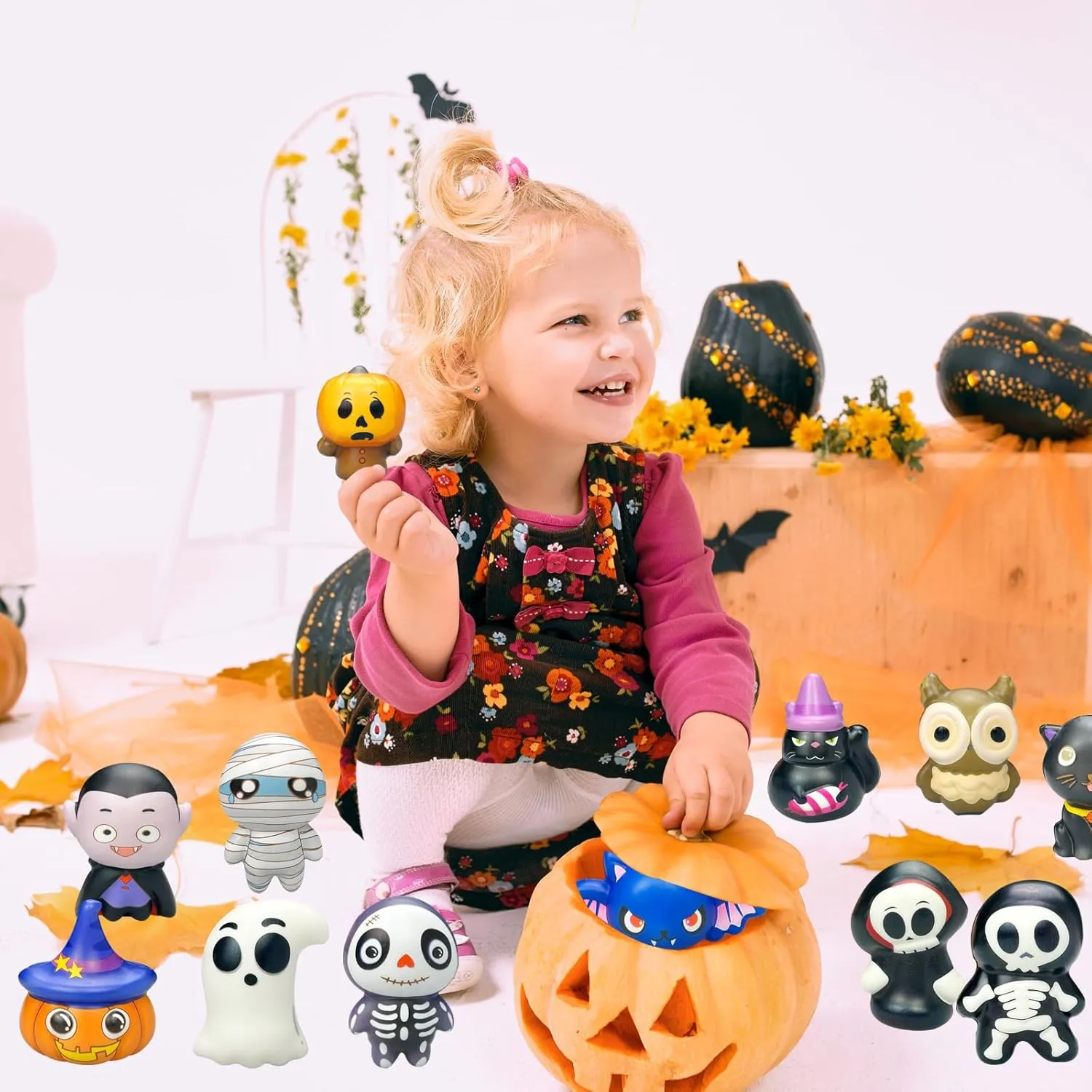 12 Pack Halloween squishies Stress Ball Set Cartoon Mummy Pumpkin Bat Ghost Dolls Bulk Stress Relief Squeeze Toys for Kid Adult Gift Collect (Halloween)
