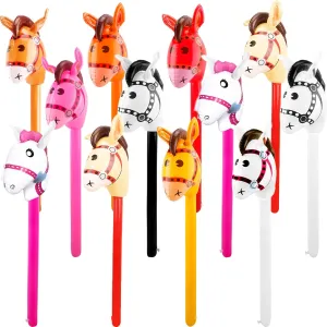 12 Pcs 40 Inch Inflatable Horsehead Stick Multicolor Blow Up Pony Stick Balloon for Kids Birthday Horse Themed Party Supplies (Color Set 2)