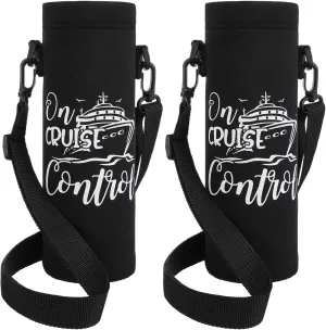 2 Pcs Carnival Cruise Essentials 2025 Adjustable Water Bottle Carrier with Strap Black Crossbody Water Bottle Holder Cruise Cup Holder Sling Neoprene Cup Sleeve Pouch Bag for Coffee Drinks