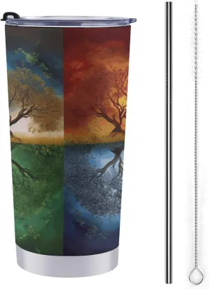 20 Portable Car Cup,Four Season Tree of Life Print Travel Car Cup,large-capacity Car Stainless Steel Cup