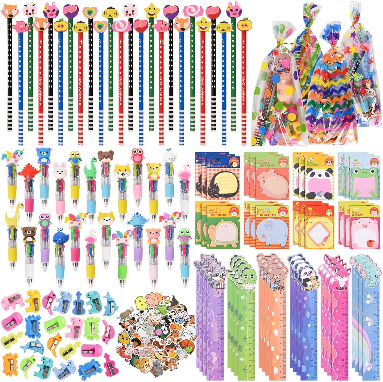 24 Pack Cute Cartoon Animal Stationery, Cute Stationery Party Supplies, With Rulers, BallPoint Pens, Pencils with Eraser, Sticky Notes etc.,for Birthday Goodie Bags School Classroom games Rewards.