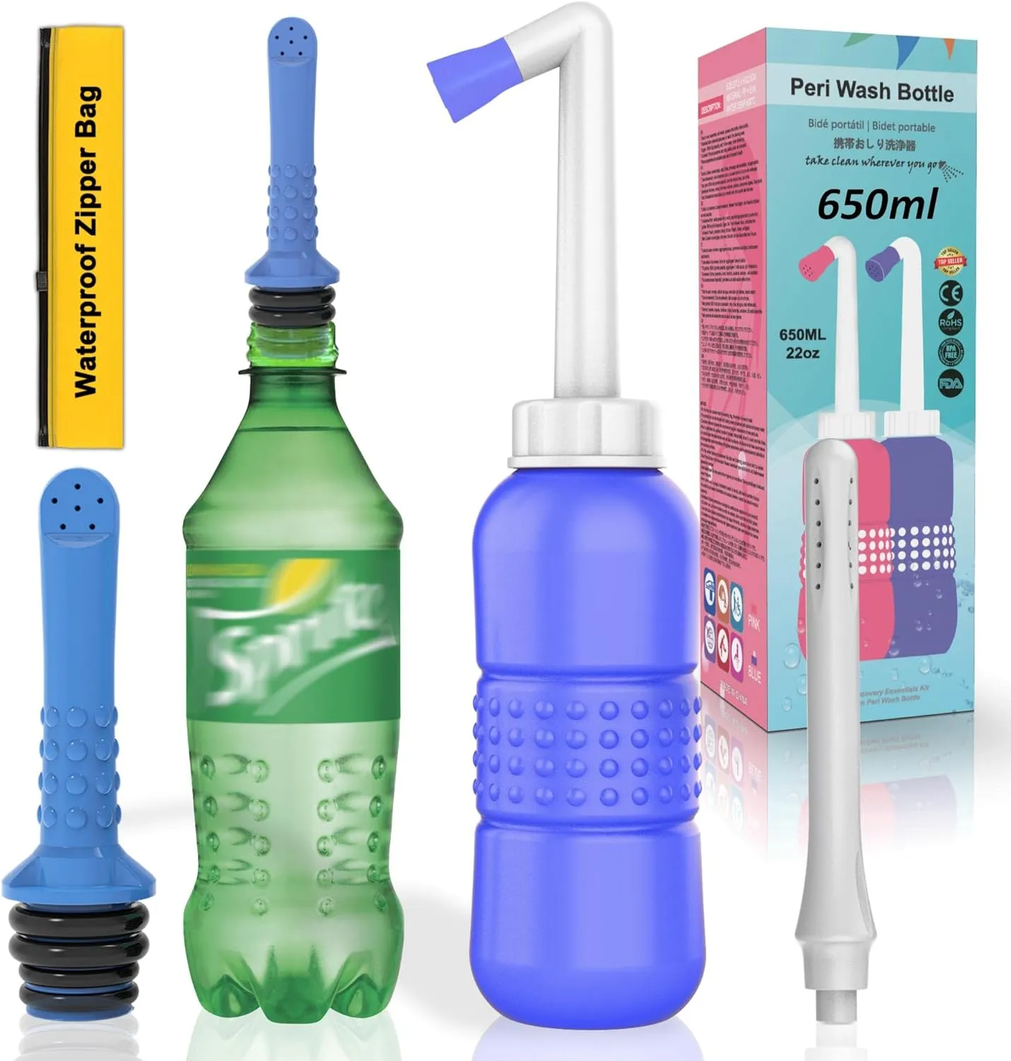 2PCS-Pack 2in1 Vaginal Douche Perineal Irrigation 650ML Portable Bidet   Pocket Bidet Pipe, Travel Bidet with Waterproof Cap, Peri Bottle for Postpartum Essentials