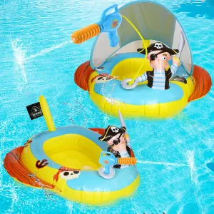 2X Thicken Inflatable Kids Pool Float with UPF 50  Canopy Detachable,Pirate Ship Floaties with Captain & Water Gun,Swimming Pool Toys for Boys & Girls ，Toddlers ，Babies，Child,Summer Beach Outdoor Play