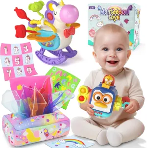 3 in1 Baby Toys 12 to 18 Months - Busy Board Sensory Toys, Tissue Box Toy, Pull String Teether, Learning Toy for Babies, Infant Gifts for 12 18 Months Old