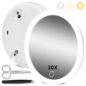 30X Magnifying Mirror with Lights, 30x Magnified Mirror with 3 Color Lights Adjustable Brightness, Rechargeable 6inch Travel Magnification with 3 Suction Cups - Includes Tweezers & Scissors