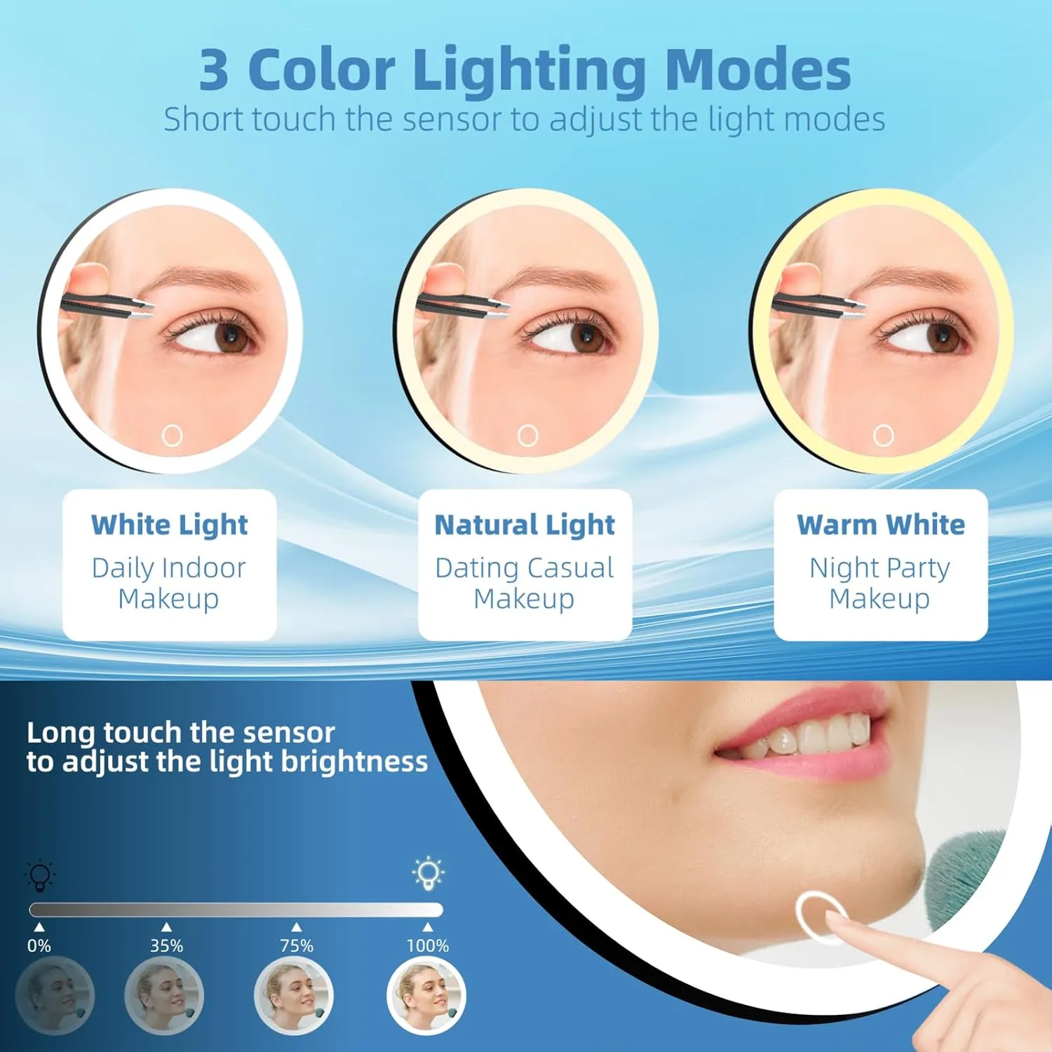 30X Magnifying Mirror with Lights, 30x Magnified Mirror with 3 Color Lights Adjustable Brightness, Rechargeable 6inch Travel Magnification with 3 Suction Cups - Includes Tweezers & Scissors