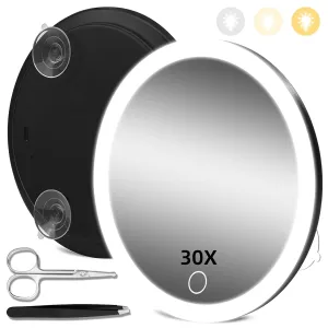 30X Magnifying Mirror with Lights, 30x Magnified Mirror with 3 Color Lights Adjustable Brightness, Rechargeable 6inch Travel Magnification with 3 Suction Cups - Includes Tweezers & Scissors