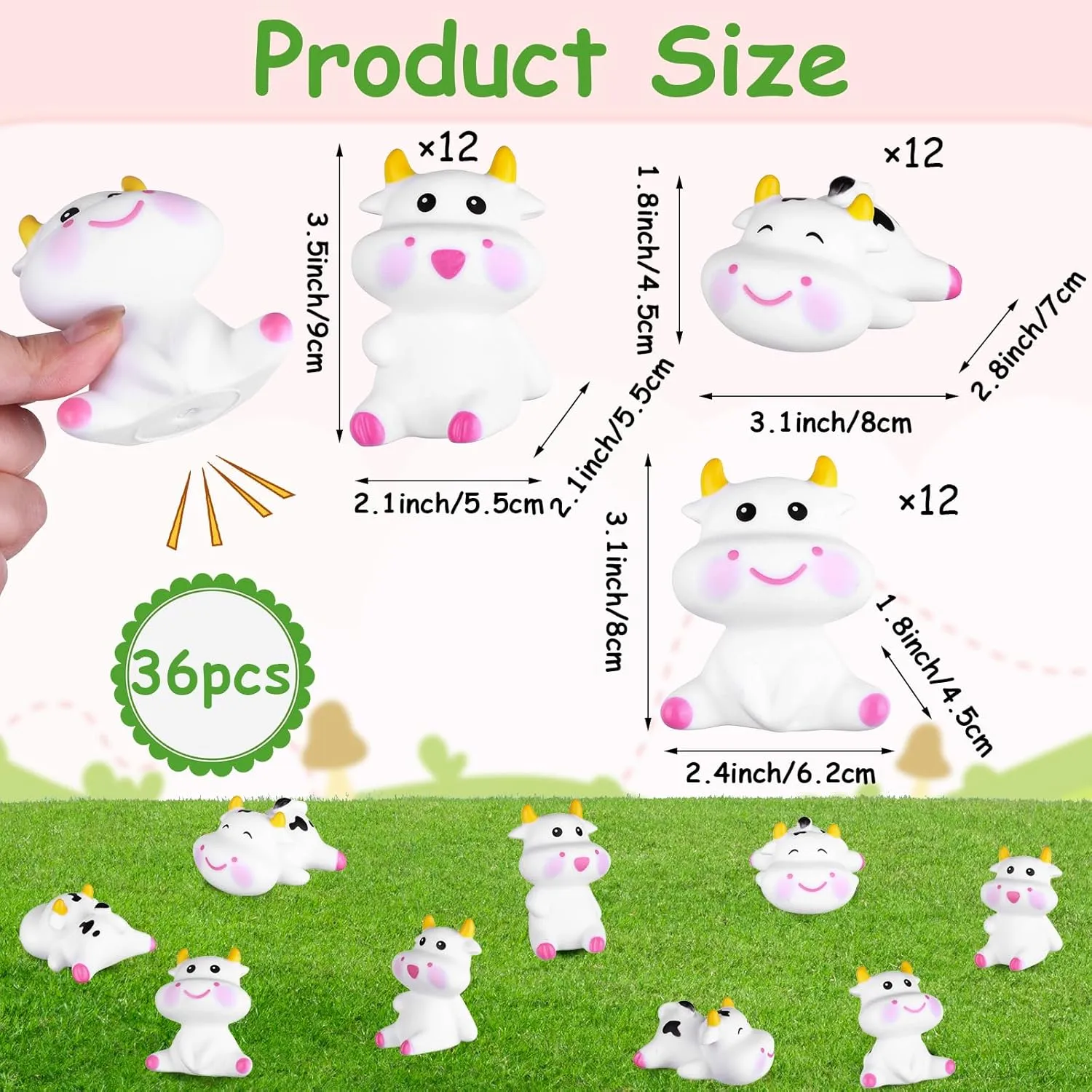 36 Pcs 3" Rubber Cow Baby Bath Toy Mini Rubber Cows Bulk Squeak Floating Fun Water Squirting Bathtime Play Farm Animal Bath Toys Figures Decor Swimming Bathtub Toy for Kids Baby Shower Pool