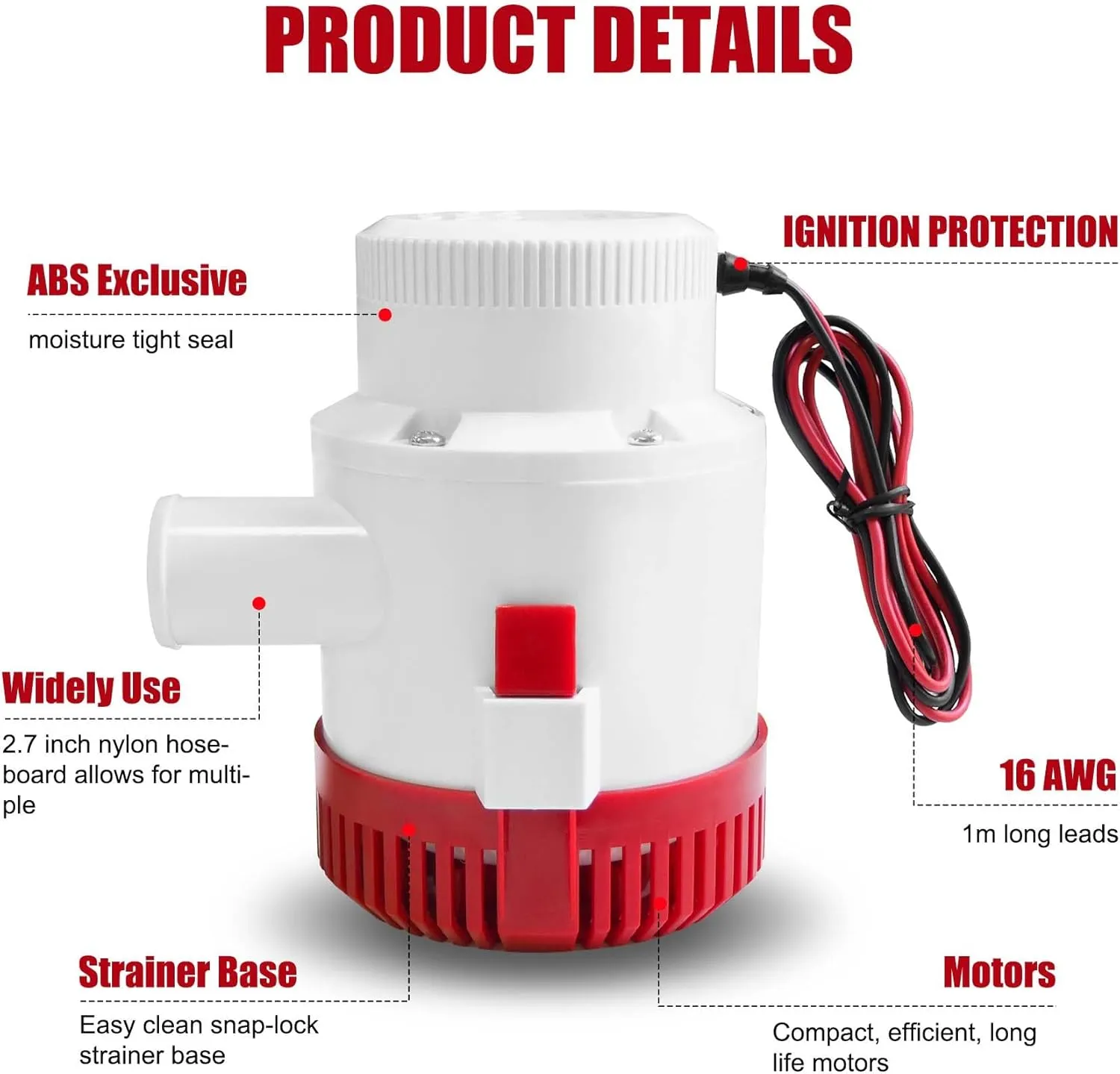 3700GPH Boat Bilge Pump,12V Submersible Bilge Pump with 1-1/2" Hose Outlet Plumbing Non Automatic