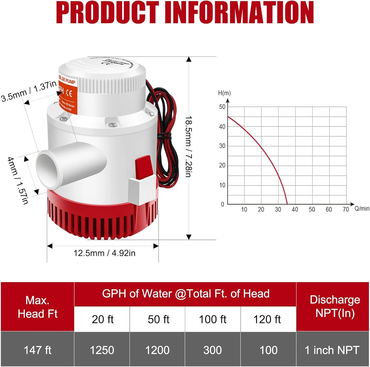 3700GPH Boat Bilge Pump,12V Submersible Bilge Pump with 1-1/2" Hose Outlet Plumbing Non Automatic