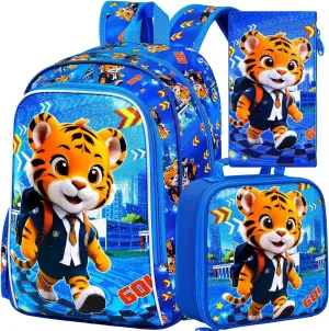 3PCS Backpack for Boys, 16'' Kids Tiger Preschool Backpacks with Lunch Box, Cool Animal Water Resistant School Bookbag Set for Elementary Kindergarten Travel