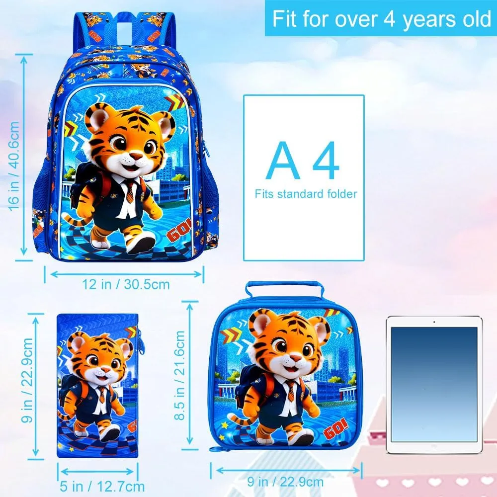 3PCS Backpack for Boys, 16'' Kids Tiger Preschool Backpacks with Lunch Box, Cool Animal Water Resistant School Bookbag Set for Elementary Kindergarten Travel