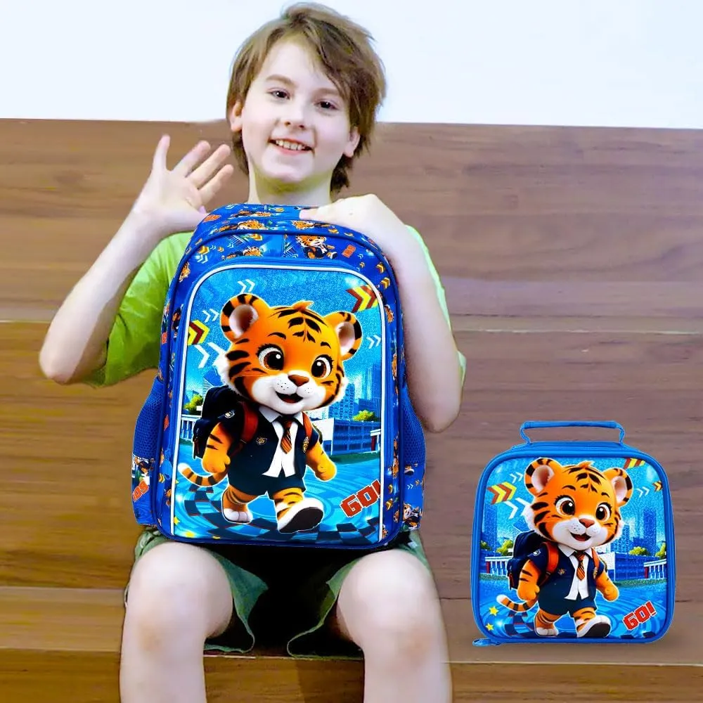 3PCS Backpack for Boys, 16'' Kids Tiger Preschool Backpacks with Lunch Box, Cool Animal Water Resistant School Bookbag Set for Elementary Kindergarten Travel