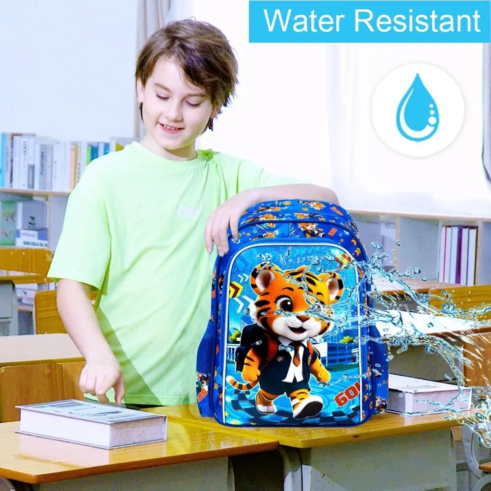 3PCS Backpack for Boys, 16'' Kids Tiger Preschool Backpacks with Lunch Box, Cool Animal Water Resistant School Bookbag Set for Elementary Kindergarten Travel