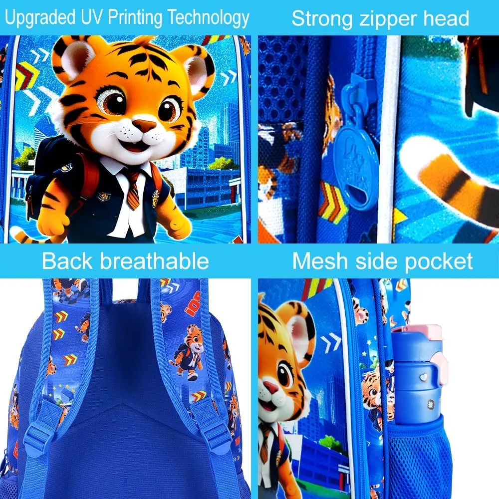 3PCS Backpack for Boys, 16'' Kids Tiger Preschool Backpacks with Lunch Box, Cool Animal Water Resistant School Bookbag Set for Elementary Kindergarten Travel