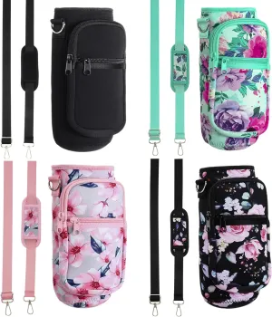 4 Pack 32 oz Water Bottle Sleeve with Strap Pockets Crossbody Water Bottle Carrier Bag with Phone Holder Floral Motivational Water Bottle Holder with Strap for Walking Hiking Gym Travel