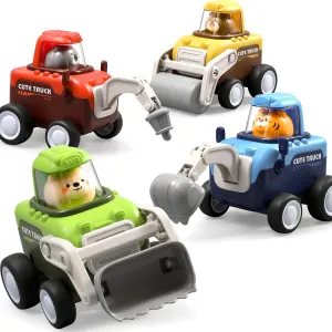 4-Pack Press and Go Car Toys for Toddlers Ages 1-3, Battery-Free Push and Go Cartoon Construction Vehicle Toys for Boys & Girls Indoor & Outdoor Play, Stimulates Sensory & Cognitive Development