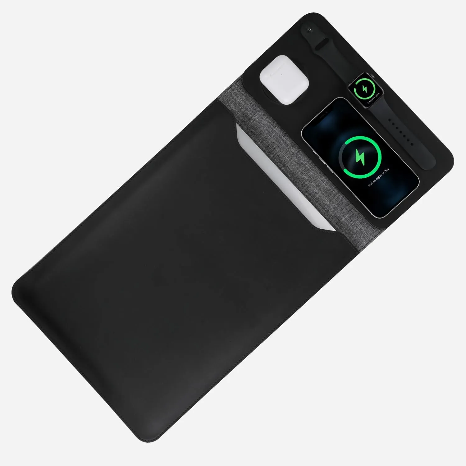 5 in 1 Laptop Sleeve with Wireless Charging12-14, Charge 3 Devices at Once, PU Leather Laptop Bag with Pocket (Black)