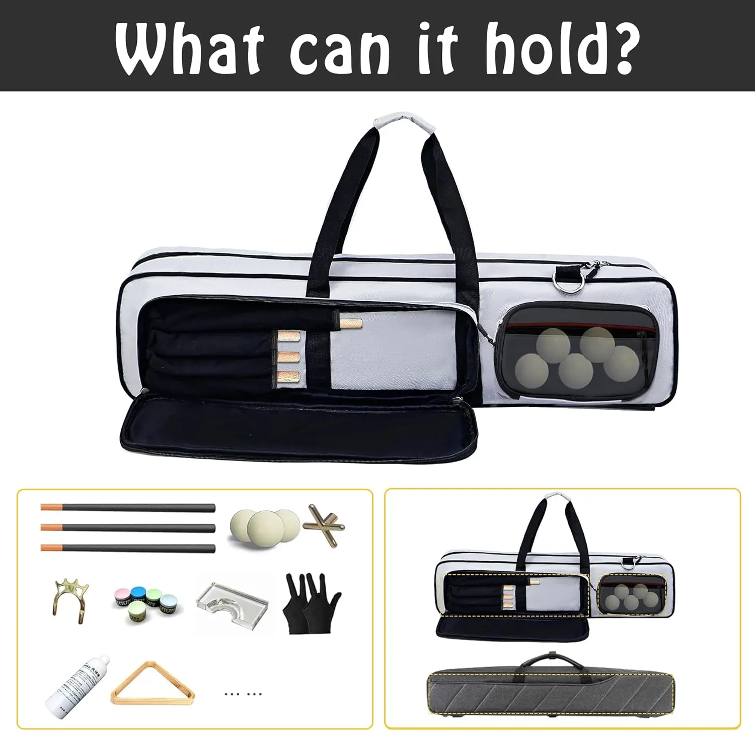 5x4 Pool Cue Case，Cue Stick Case with Large Capacity, Pool Stick Bag with Multi-Pocket Portability and Hidden Shoulder Strap, Billiard Stick Carrying Case Holds 5 Shafts and 4 Butts