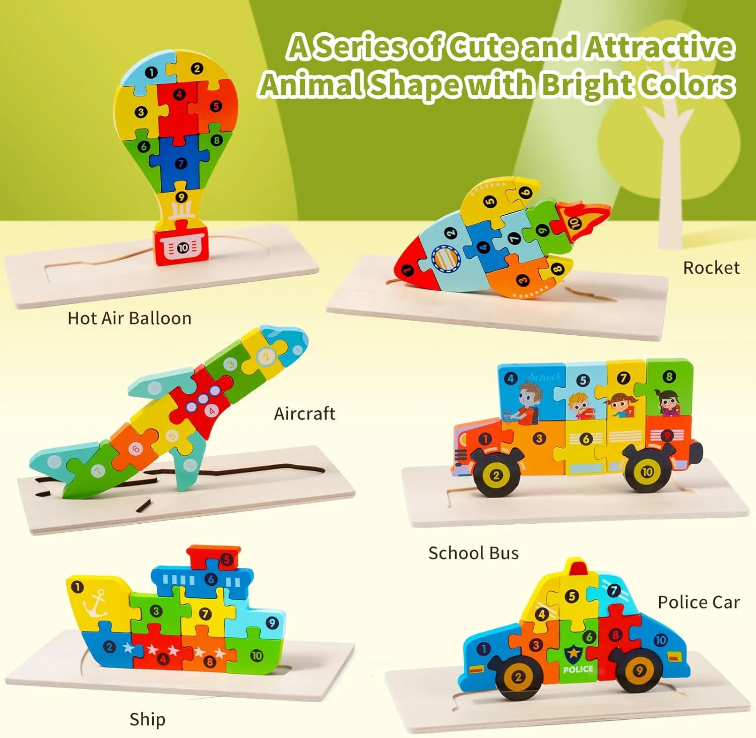 6 Pack Wooden Vehicle Toddler Puzzles for Kids Ages 2 3 4 5 6, Baby Montessori Toys for Kids Age 2-4 Years, Transport Vehicles Learning Jigsaw Toys for Boy Girl Ideal Gift