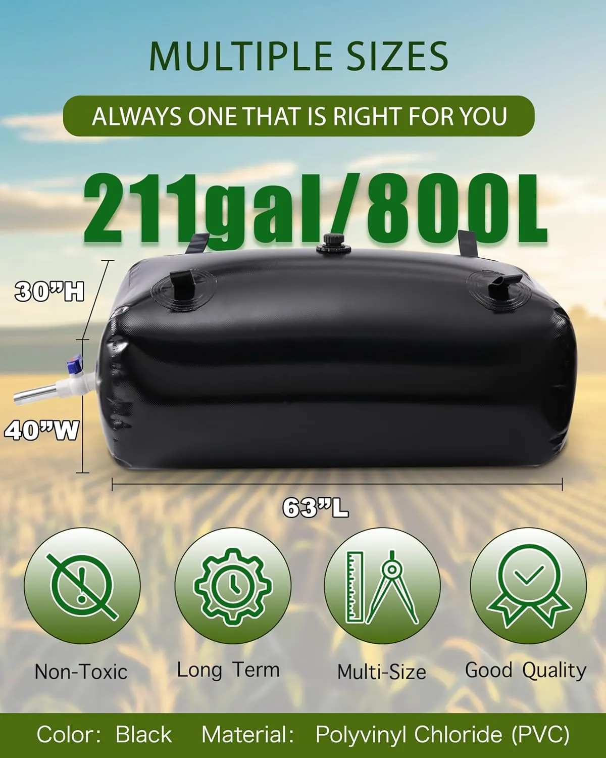 800L/211gal Long Term Water Storage Containers,Emergency Water Storage Bag, Soft Portable Vinyl Bathtub Water Bladder with Valve&Stainless-Steel Outlet-Reliable & Resistant for All Climates