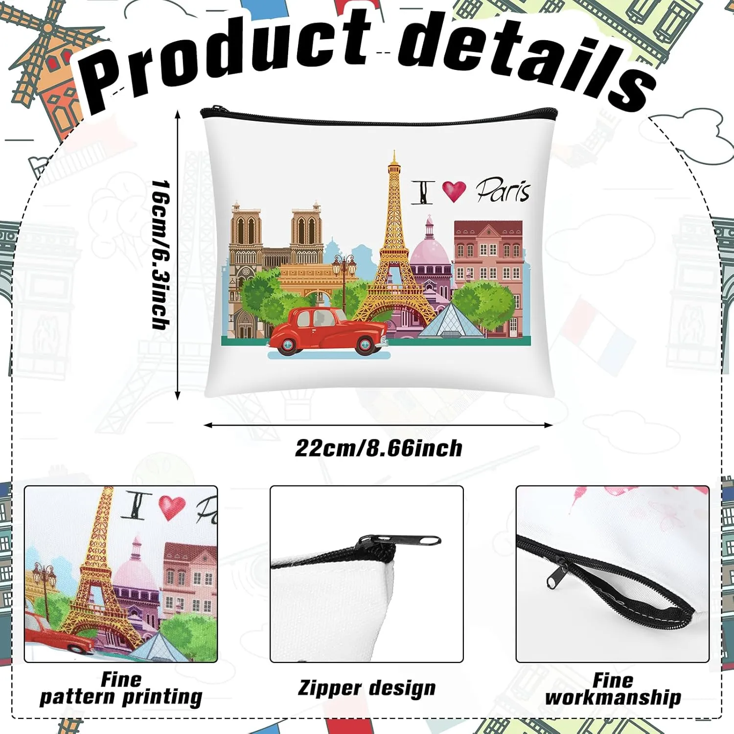 9 Pcs Paris Cosmetic Bag New York Souvenir Zipper Pouch Los Angeles Souvenir Gifts Italy Paris Broadway Alaska Makeup Purse for Girls Women Traveler Birthday Christmas Party Favors