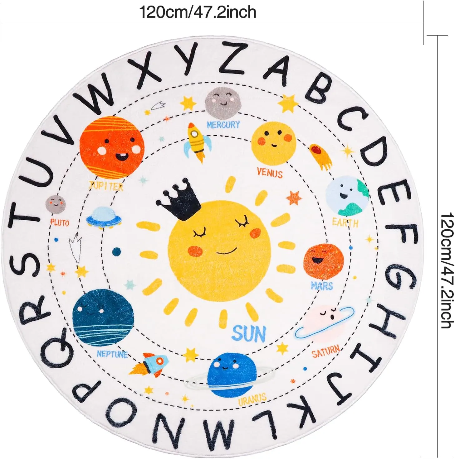 ABC Kids Rug,4 ft Washable Nursery Rug,Soft Plush Educational Circle Rug,Non-Slip Solar System Alphabet Rug for Classroom playroom Bedroom Kids Room Decor