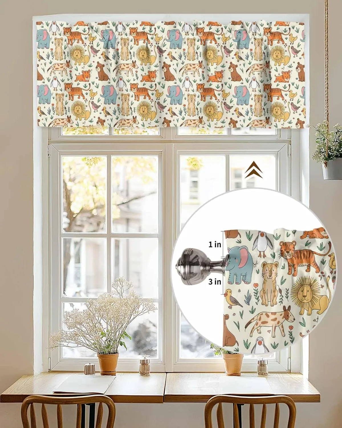 Abstract Cartoon Elephant Tiger Lion Cat Bear Valance for Windows,Rod Pocket Window Treatments Short Kitchen Curtain, Animal Focus Window Panels for Living Room Bathroom Bedroom,54x18In