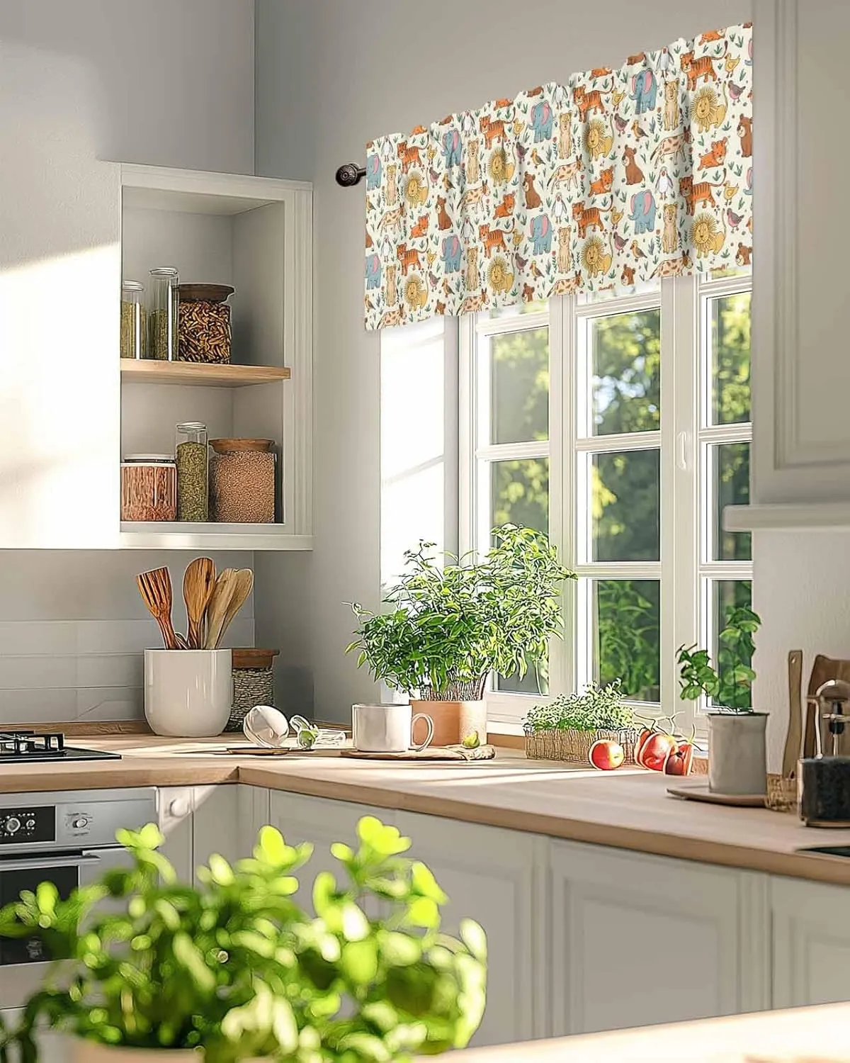 Abstract Cartoon Elephant Tiger Lion Cat Bear Valance for Windows,Rod Pocket Window Treatments Short Kitchen Curtain, Animal Focus Window Panels for Living Room Bathroom Bedroom,54x18In
