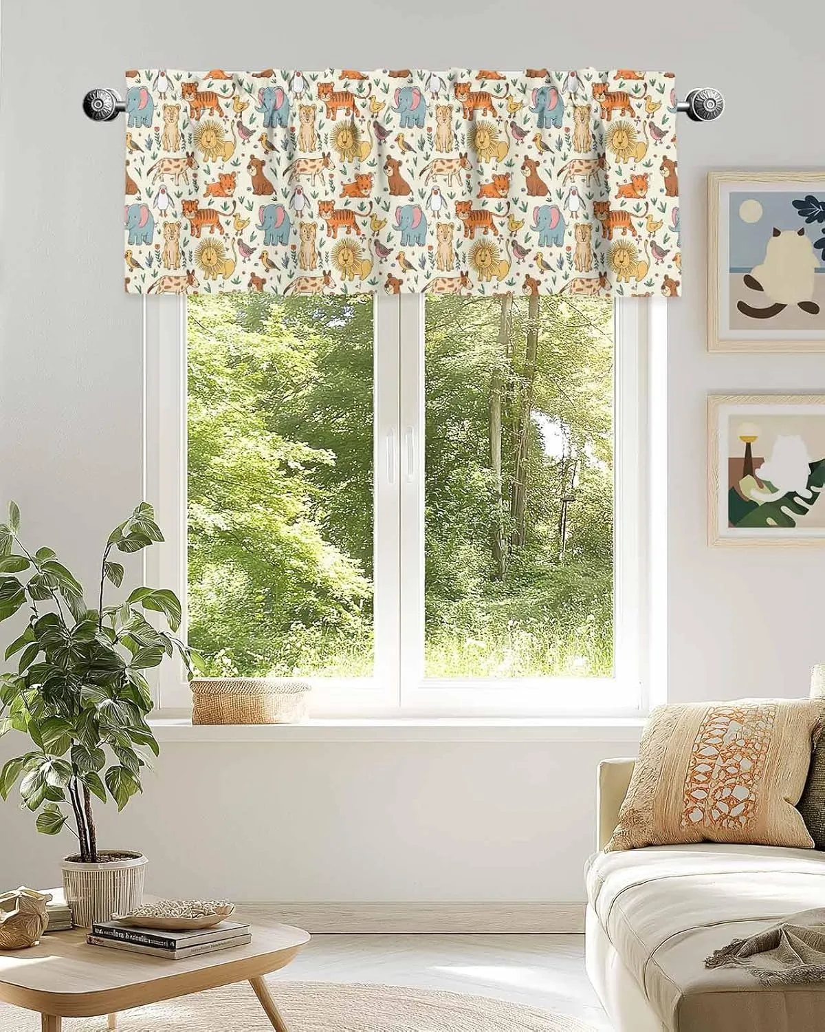 Abstract Cartoon Elephant Tiger Lion Cat Bear Valance for Windows,Rod Pocket Window Treatments Short Kitchen Curtain, Animal Focus Window Panels for Living Room Bathroom Bedroom,54x18In