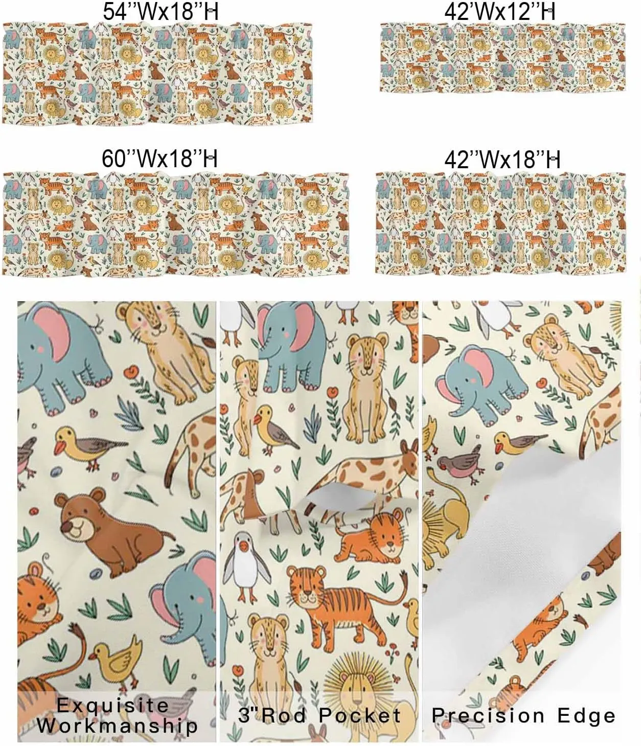 Abstract Cartoon Elephant Tiger Lion Cat Bear Valance for Windows,Rod Pocket Window Treatments Short Kitchen Curtain, Animal Focus Window Panels for Living Room Bathroom Bedroom,54x18In