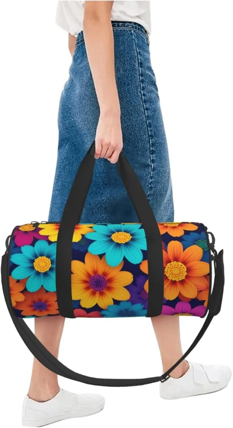 Abstract Style Colorful Flowers Printed Travel Bag,Round Personal Item Storage bag,Foldie Duffel Bag for Traveling Vacation,Fitness,Sports