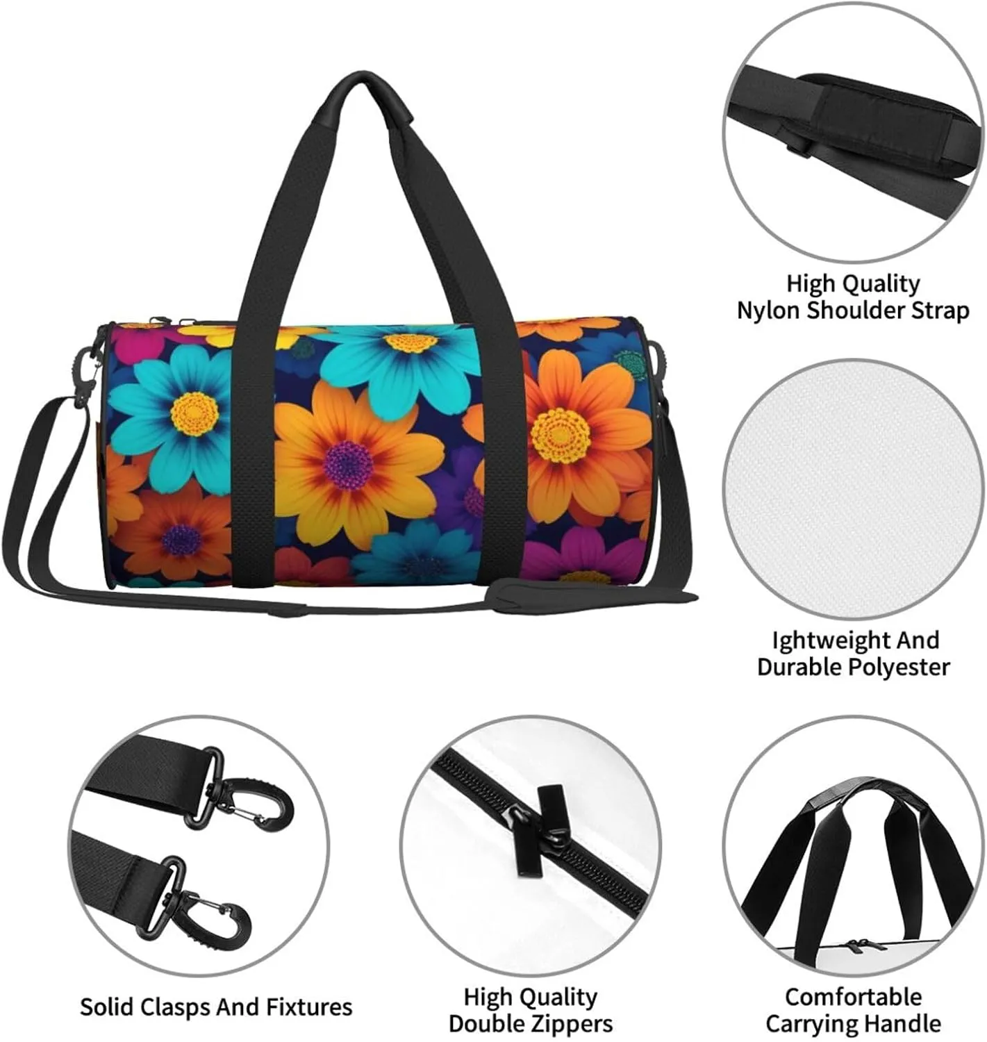 Abstract Style Colorful Flowers Printed Travel Bag,Round Personal Item Storage bag,Foldie Duffel Bag for Traveling Vacation,Fitness,Sports