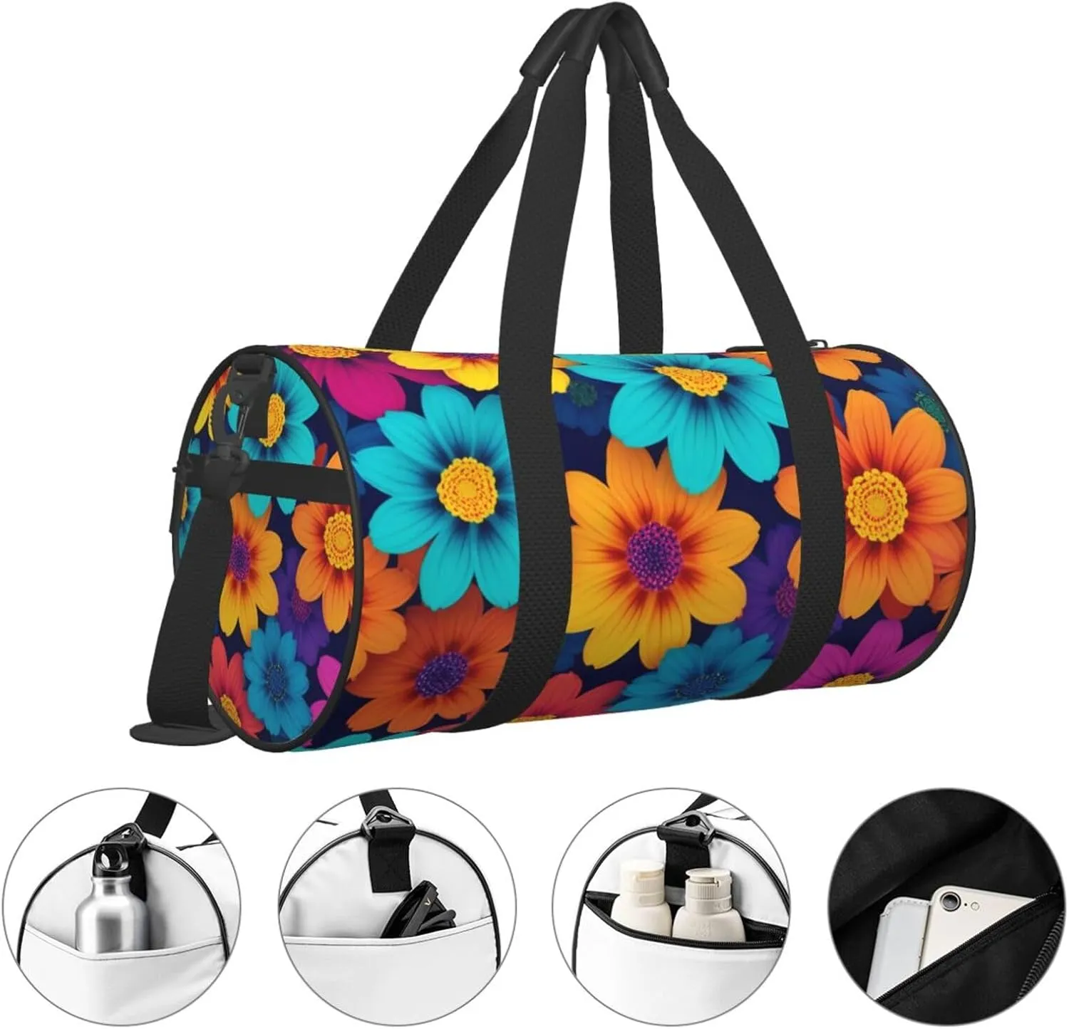 Abstract Style Colorful Flowers Printed Travel Bag,Round Personal Item Storage bag,Foldie Duffel Bag for Traveling Vacation,Fitness,Sports