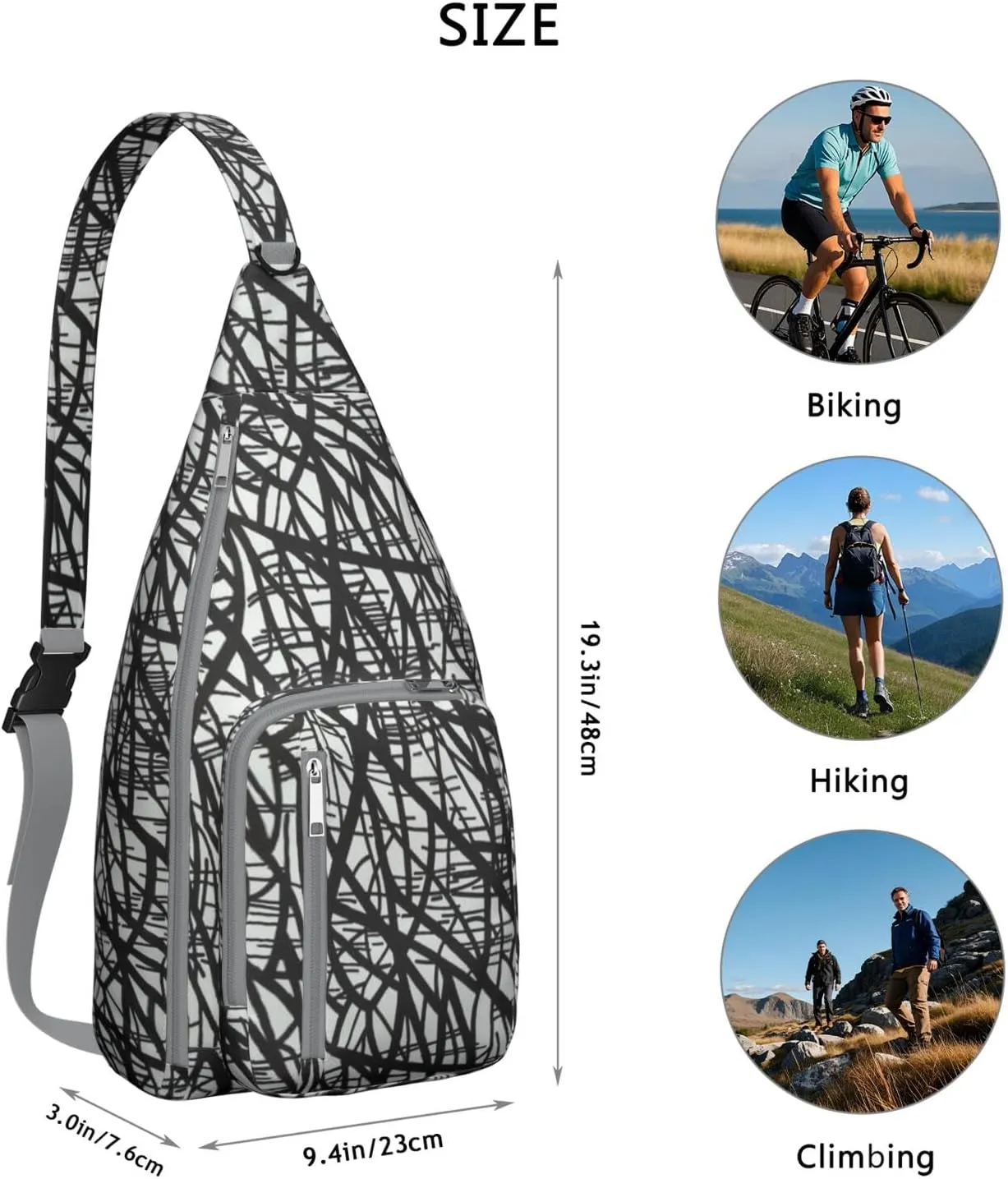 Abstract Tar Black Snow White Crossbody Bag Daypack for Women Men Lightweight Waterproof Sling Bag Backpack Hiking Cycling