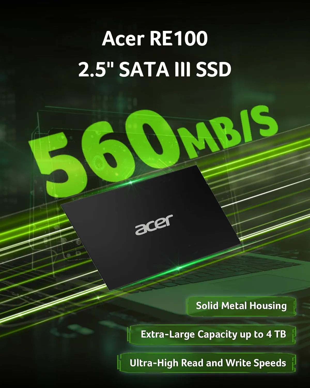 acer RE100 2.5 Inch SATA III SSD 1TB Internal Solid State Drive with SLC Cache, Read Speeds Up to 560MB/s - BL.9BWWA.109