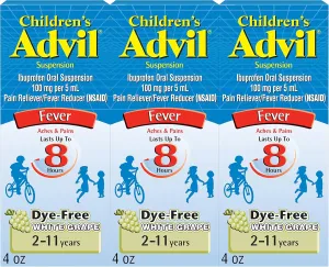 Advil Children's Pain Reliever and Fever Reducer, Dye Free Children's Ibuprofen for Pain Relief, Liquid Ibuprofen for Children, White Grape - 4 Fl Oz (Pack of 3)