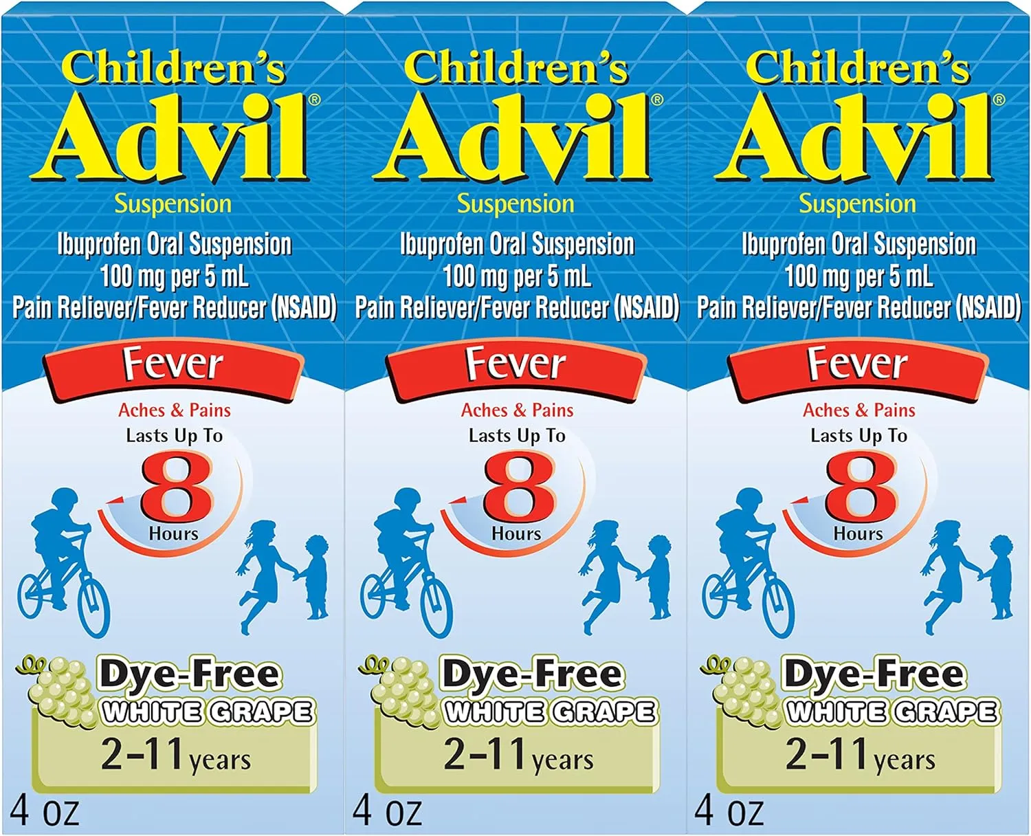 Advil Children's Pain Reliever and Fever Reducer, Dye Free Children's Ibuprofen for Pain Relief, Liquid Ibuprofen for Children, White Grape - 4 Fl Oz (Pack of 3)