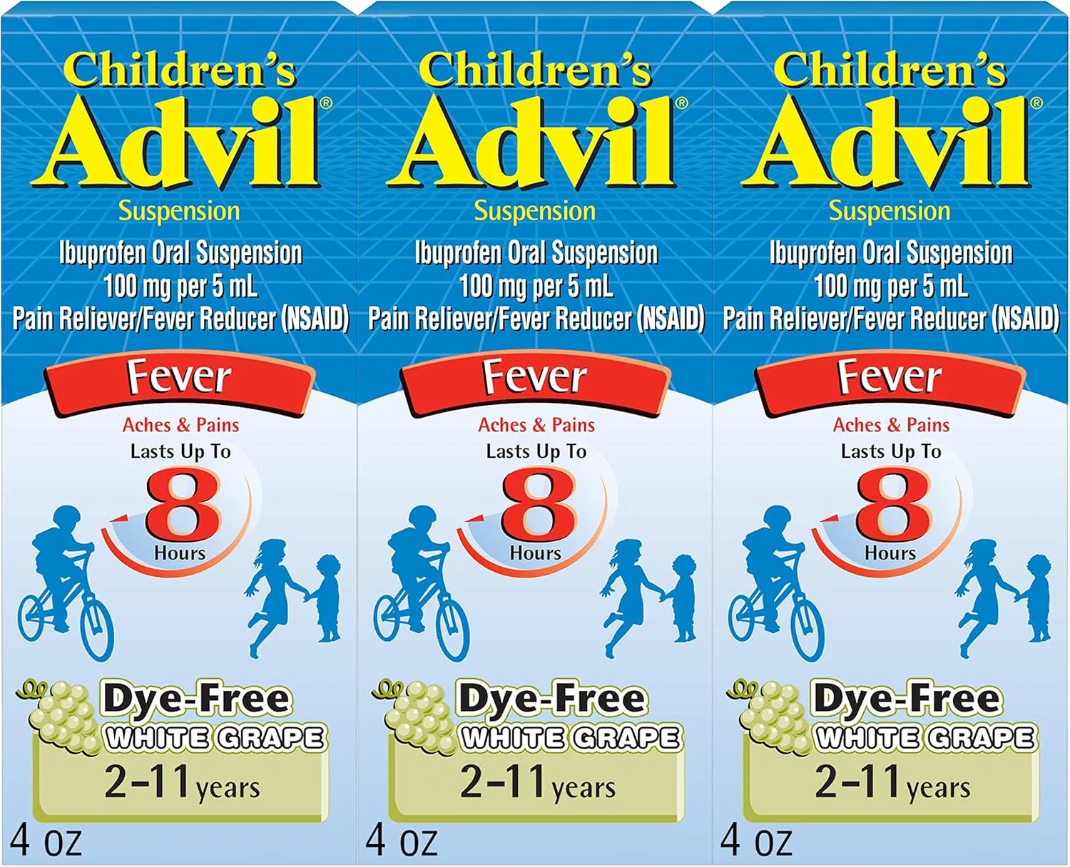 Advil Children's Pain Reliever and Fever Reducer, Dye Free Children's Ibuprofen for Pain Relief, Liquid Ibuprofen for Children, White Grape - 4 Fl Oz (Pack of 3)