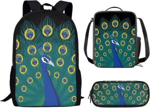 Aesthetic Peacock Kids School Bag Set for Girls Boys,Peacock Displaying Its Plumage Print Book Bag with Lunch Bag and Pen Case,Sturdy Sport Travel Essentials Middle Hight School Green