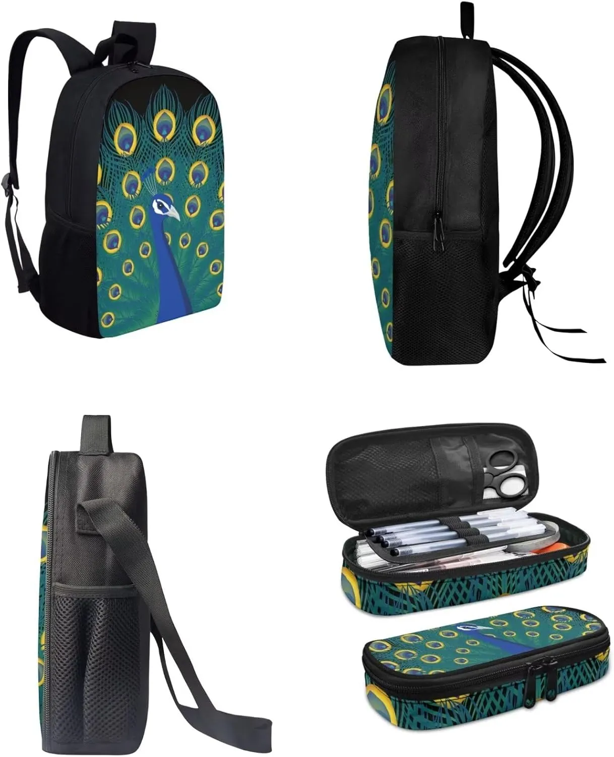 Aesthetic Peacock Kids School Bag Set for Girls Boys,Peacock Displaying Its Plumage Print Book Bag with Lunch Bag and Pen Case,Sturdy Sport Travel Essentials Middle Hight School Green