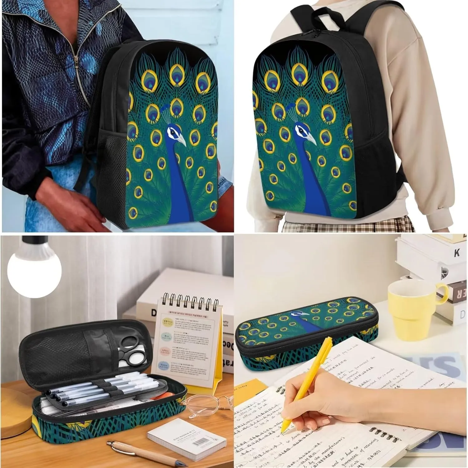 Aesthetic Peacock Kids School Bag Set for Girls Boys,Peacock Displaying Its Plumage Print Book Bag with Lunch Bag and Pen Case,Sturdy Sport Travel Essentials Middle Hight School Green