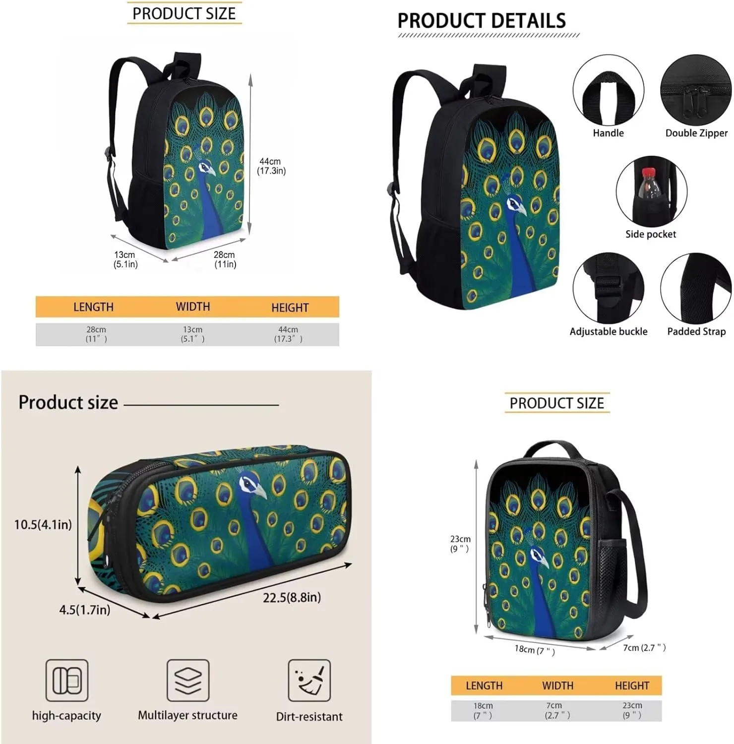 Aesthetic Peacock Kids School Bag Set for Girls Boys,Peacock Displaying Its Plumage Print Book Bag with Lunch Bag and Pen Case,Sturdy Sport Travel Essentials Middle Hight School Green