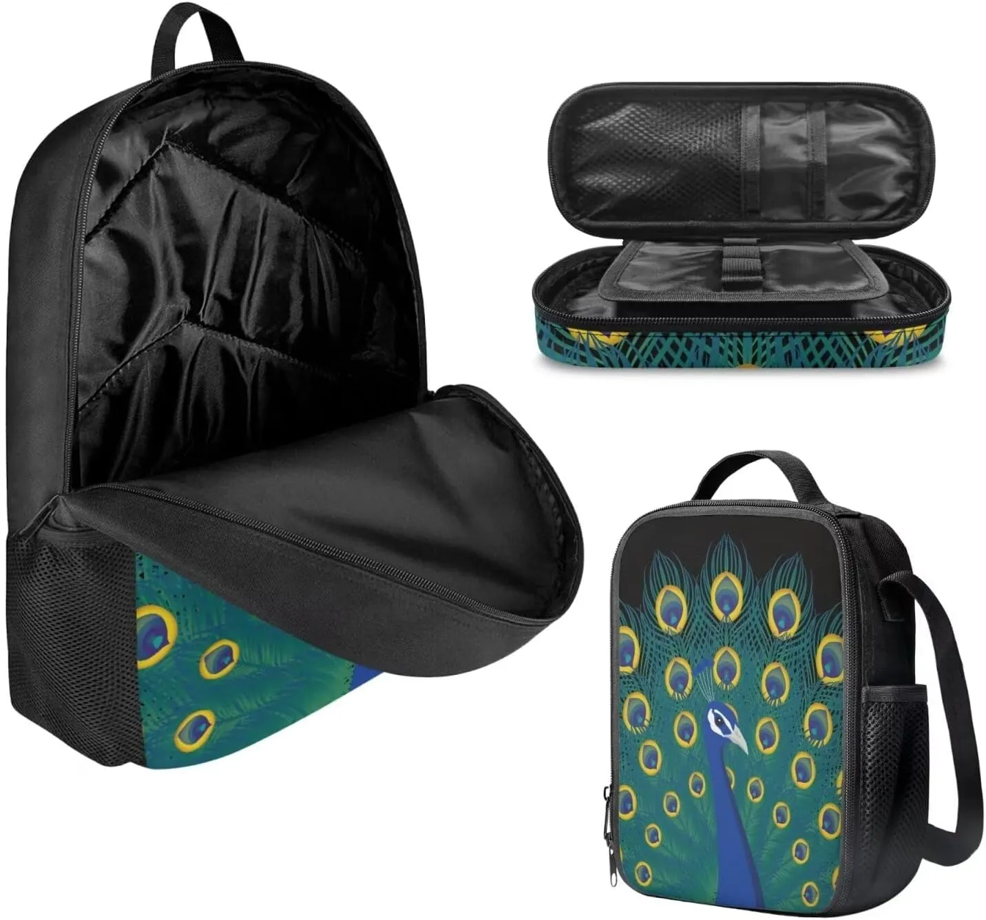 Aesthetic Peacock Kids School Bag Set for Girls Boys,Peacock Displaying Its Plumage Print Book Bag with Lunch Bag and Pen Case,Sturdy Sport Travel Essentials Middle Hight School Green