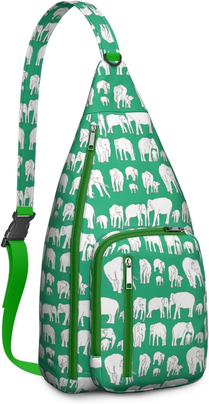 African Elephant Art Green Print Crossbody Bag Daypack for Women Men Lightweight Waterproof Sling Bag Backpack Hiking Cycling